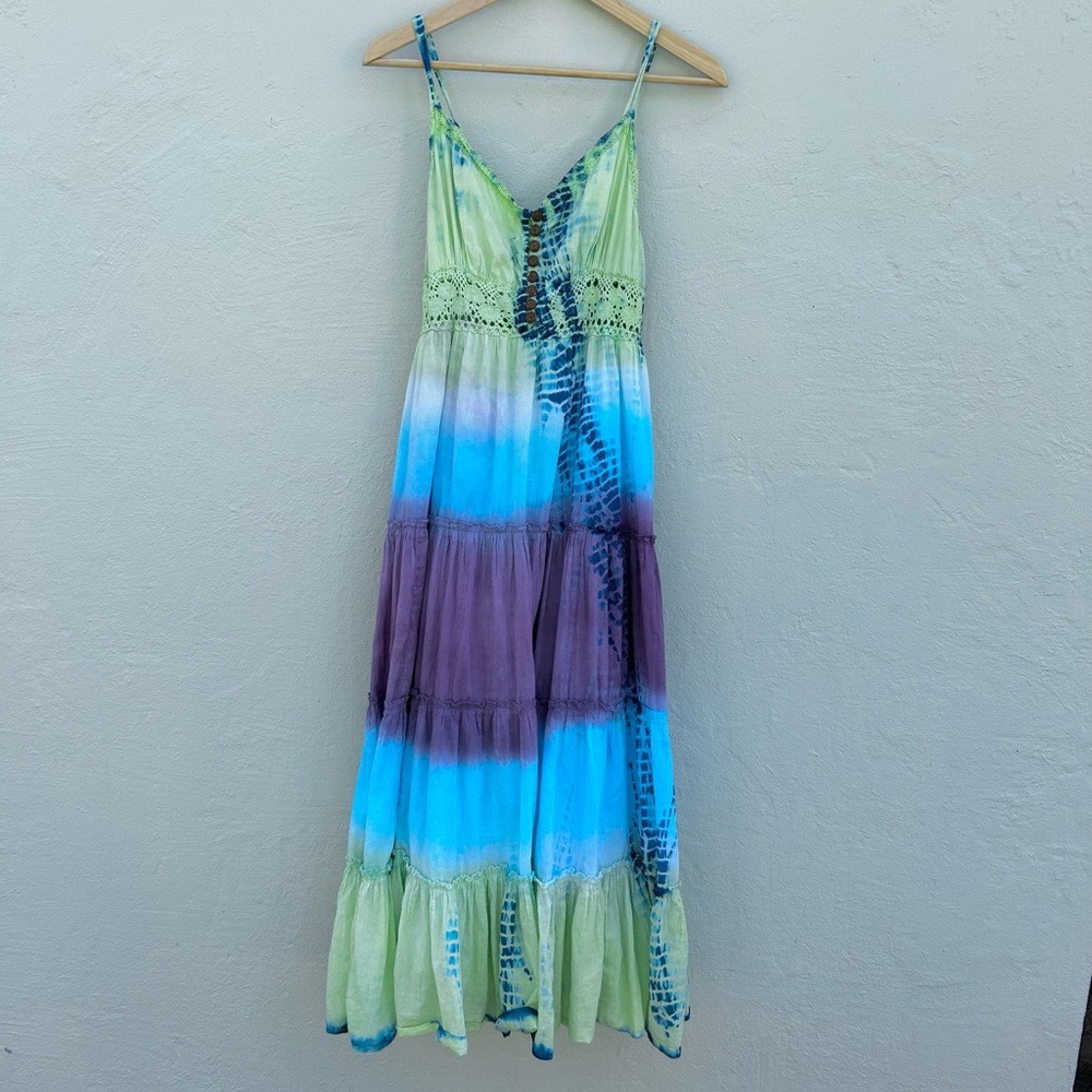 Green and Blue Tie-Dye Tiered Maxi Sundress